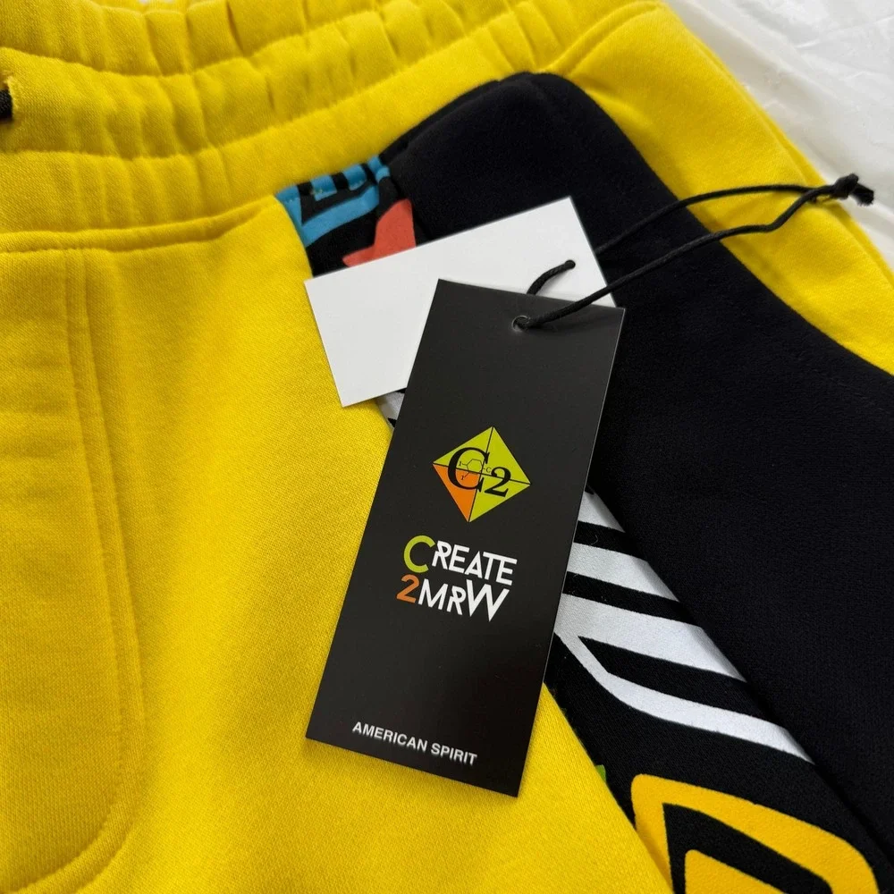 Create 2MRW Men Yellow Tribal Geometric Print Jogger Sweatpants Ankle Zip NWT